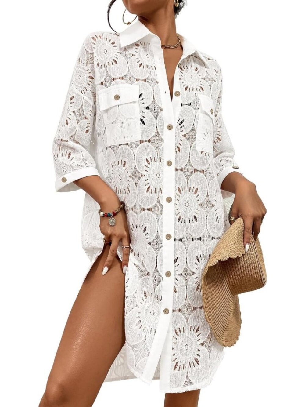 Chic Women's Button Down Swimsuit Cover-Up Blouse Dress - Summer Beach Top